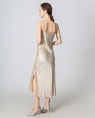 Slit Cowl Neck Midi Cami Silk Dress Champagne