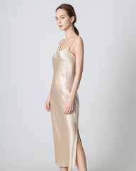 Slit Cowl Neck Midi Cami Silk Dress Champagne