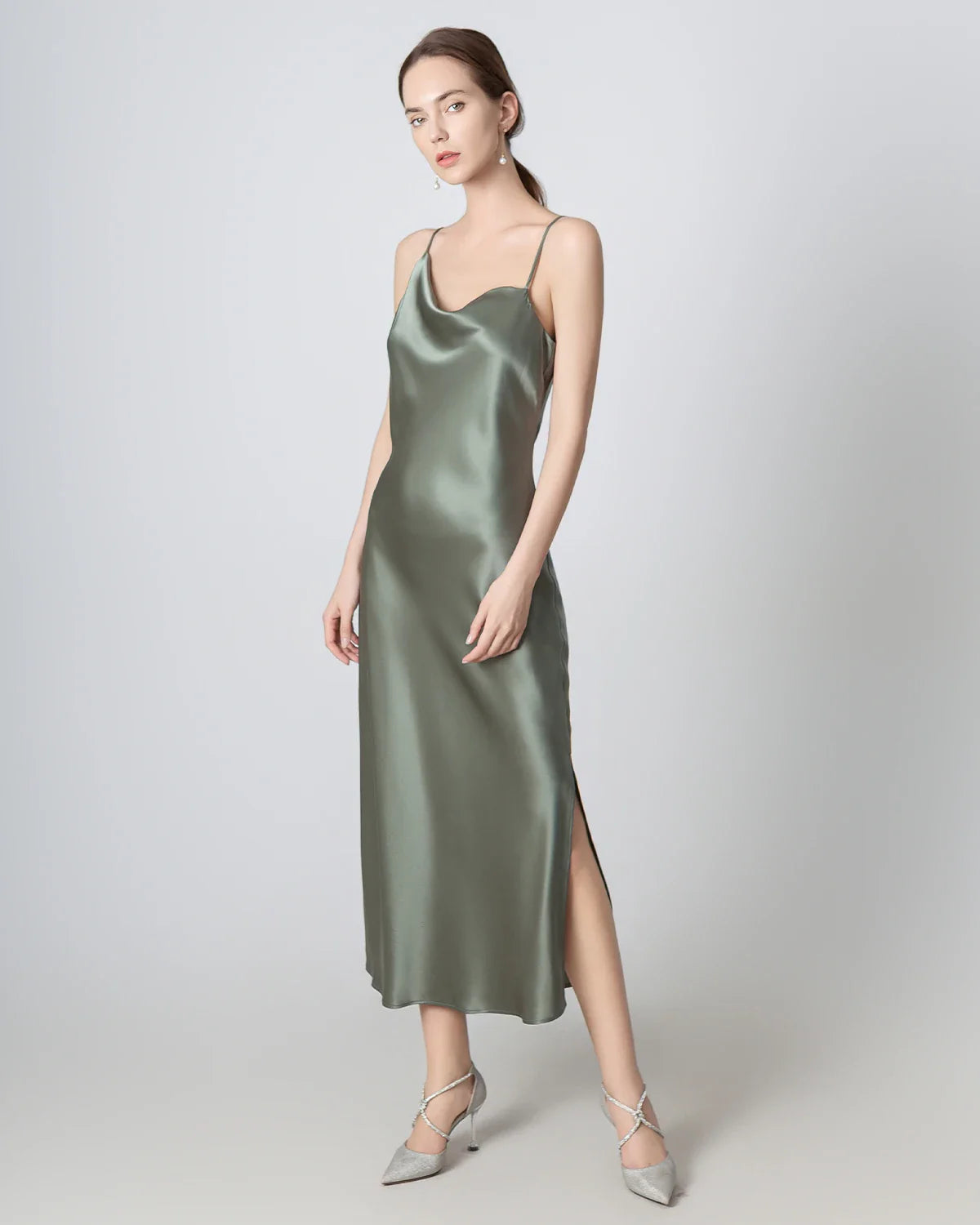 Slit Cowl Neck Midi Cami Silk Dress Olive Green