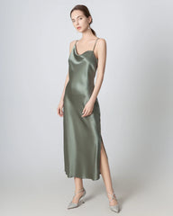 Slit Cowl Neck Midi Cami Silk Dress Olive Green