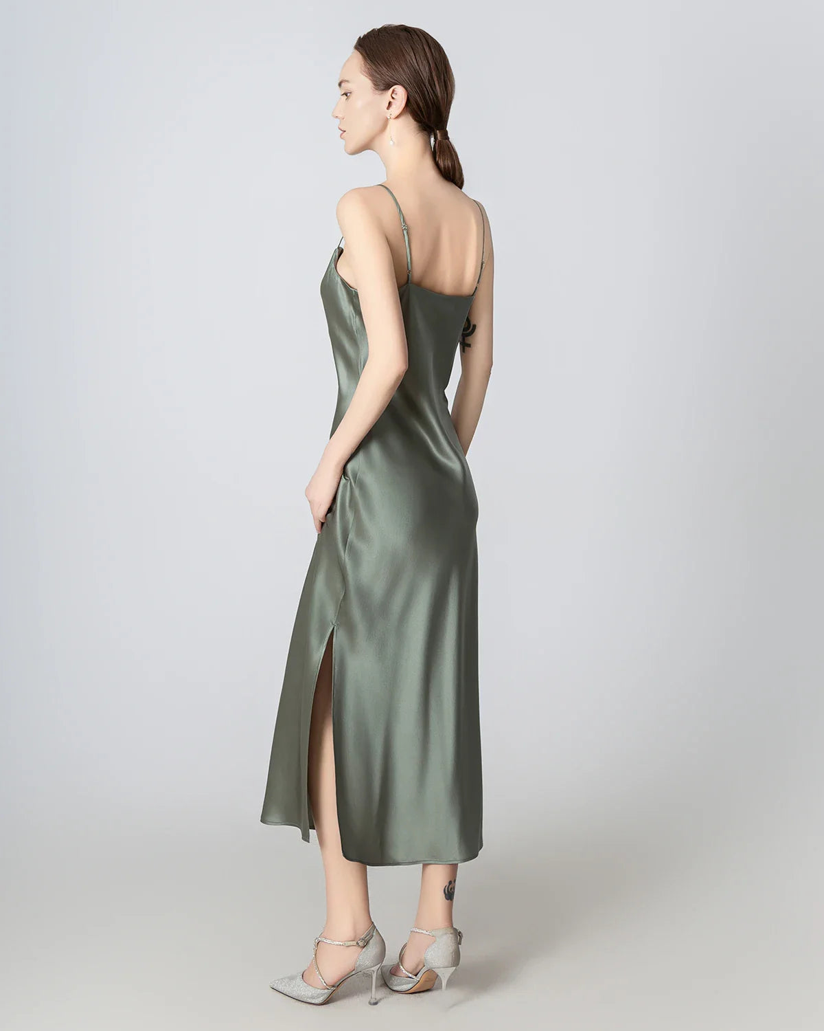 Slit Cowl Neck Midi Cami Silk Dress Olive Green