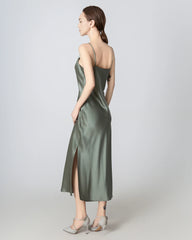 Slit Cowl Neck Midi Cami Silk Dress Olive Green