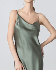 Slit Cowl Neck Midi Cami Silk Dress Olive Green
