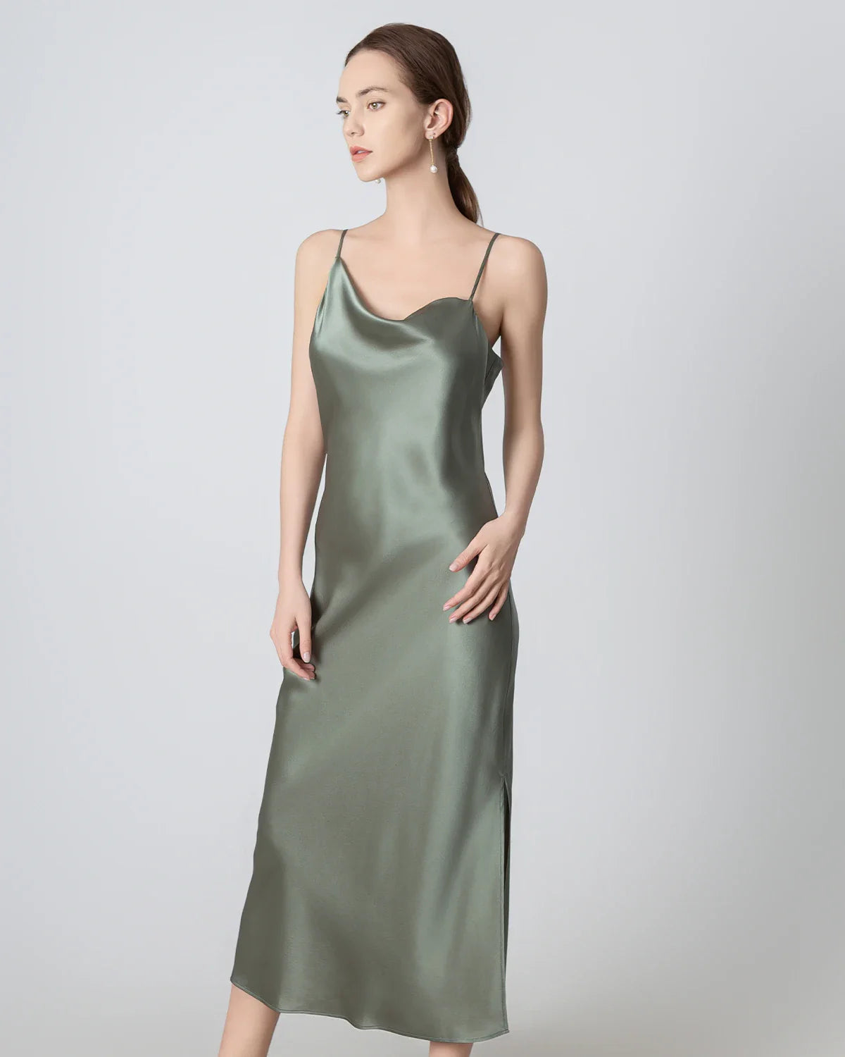 Slit Cowl Neck Midi Cami Silk Dress Olive Green