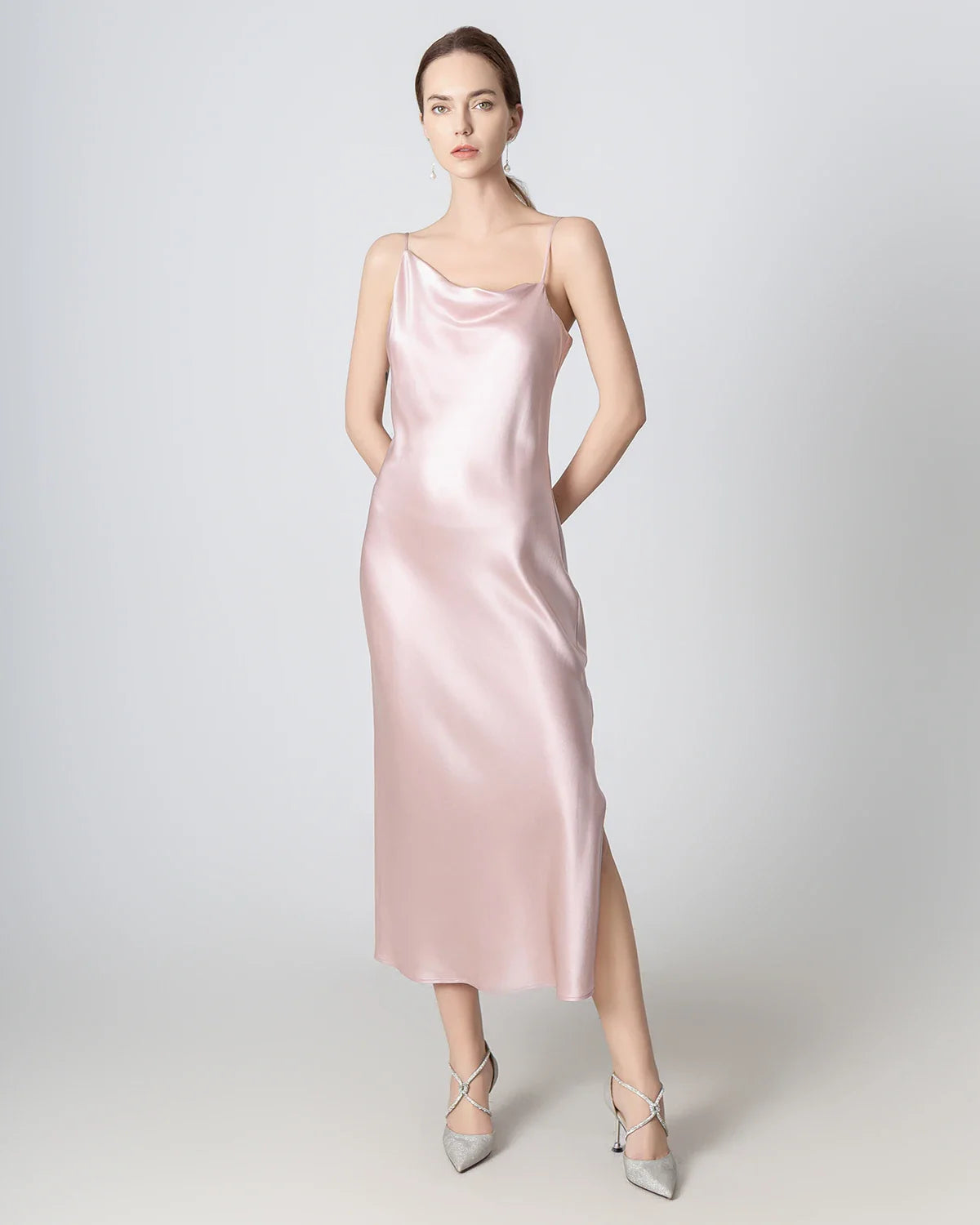 Slit Cowl Neck Midi Cami Silk Dress Rose Pink