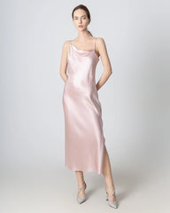 Slit Cowl Neck Midi Cami Silk Dress Rose Pink