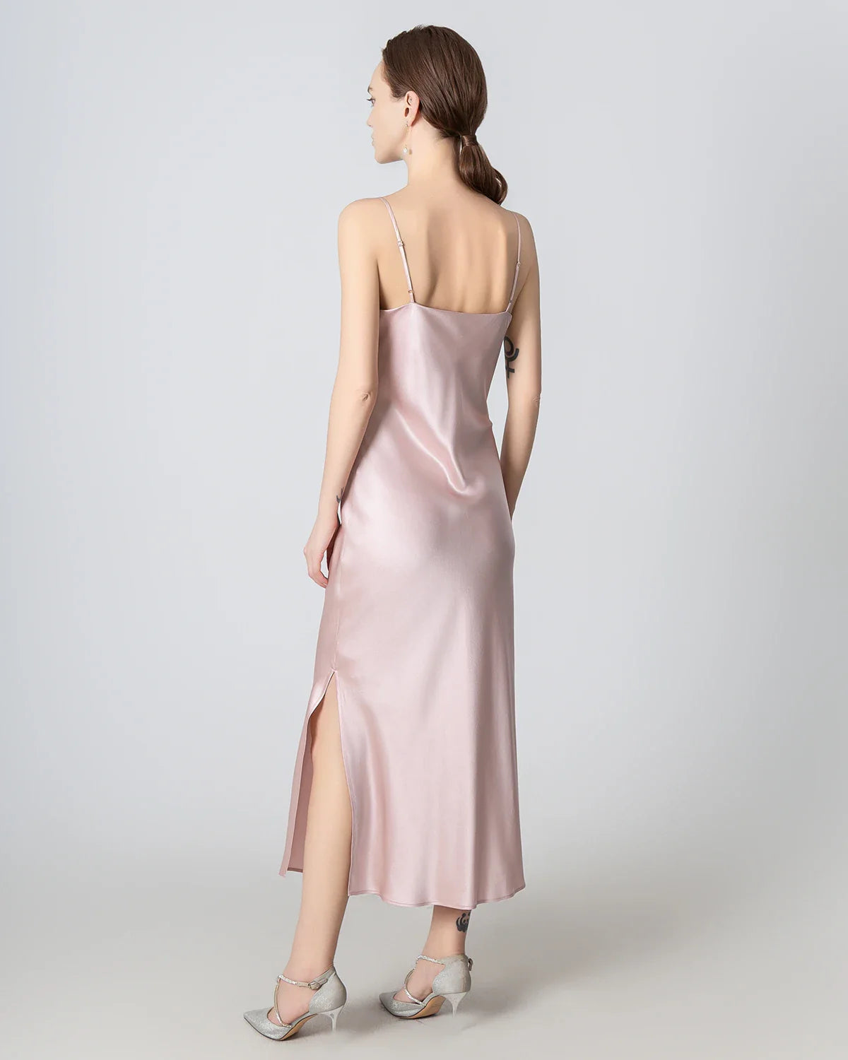 Slit Cowl Neck Midi Cami Silk Dress Rose Pink
