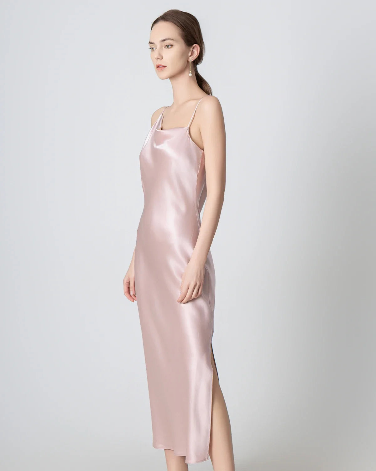 Slit Cowl Neck Midi Cami Silk Dress Rose Pink
