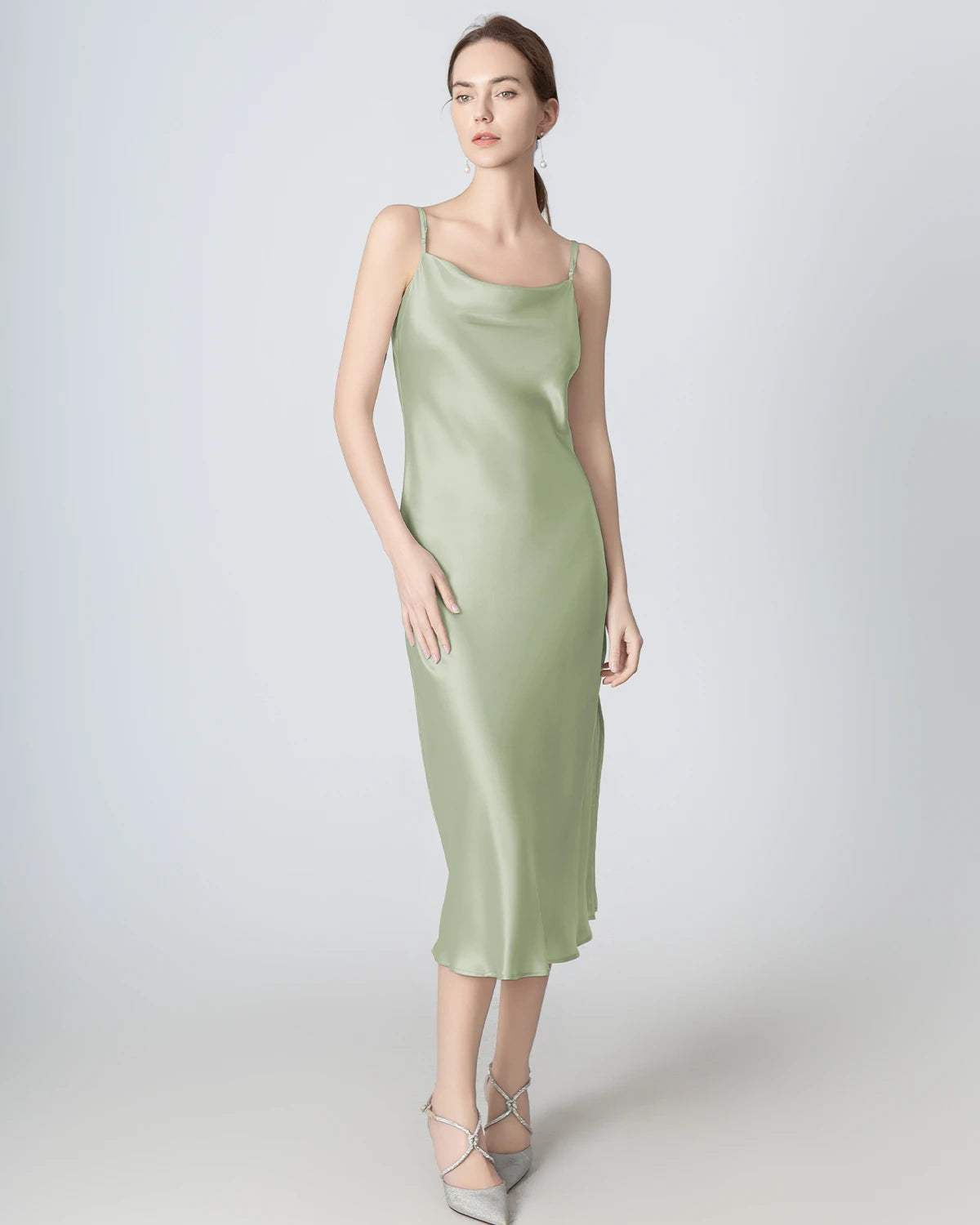 Slit Cowl Neck Midi Silk Dress Avocado Green