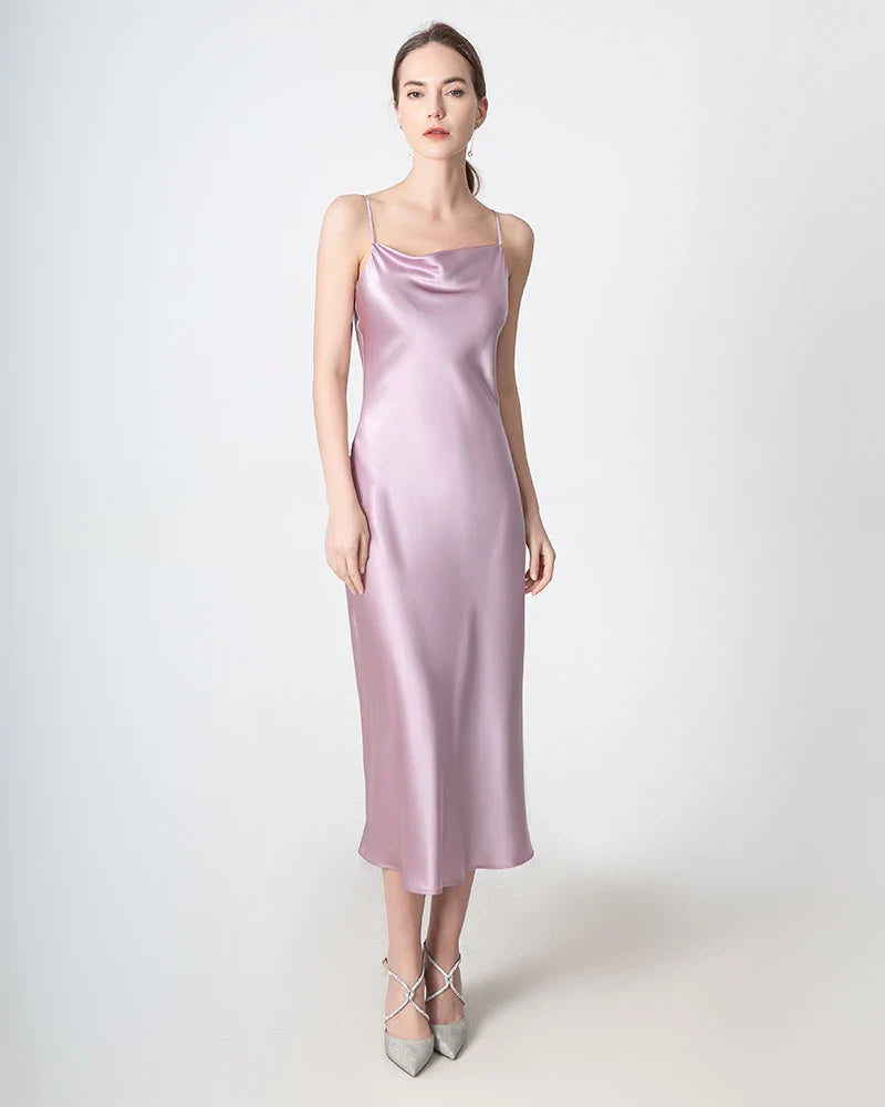 Slit Cowl Neck Midi Silk Dress Mauve