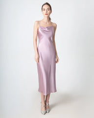 Slit Cowl Neck Midi Silk Dress Mauve