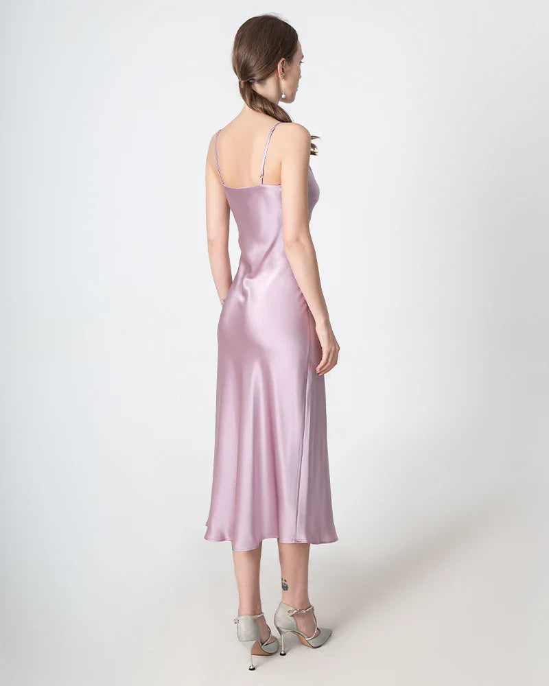 Slit Cowl Neck Midi Silk Dress Mauve