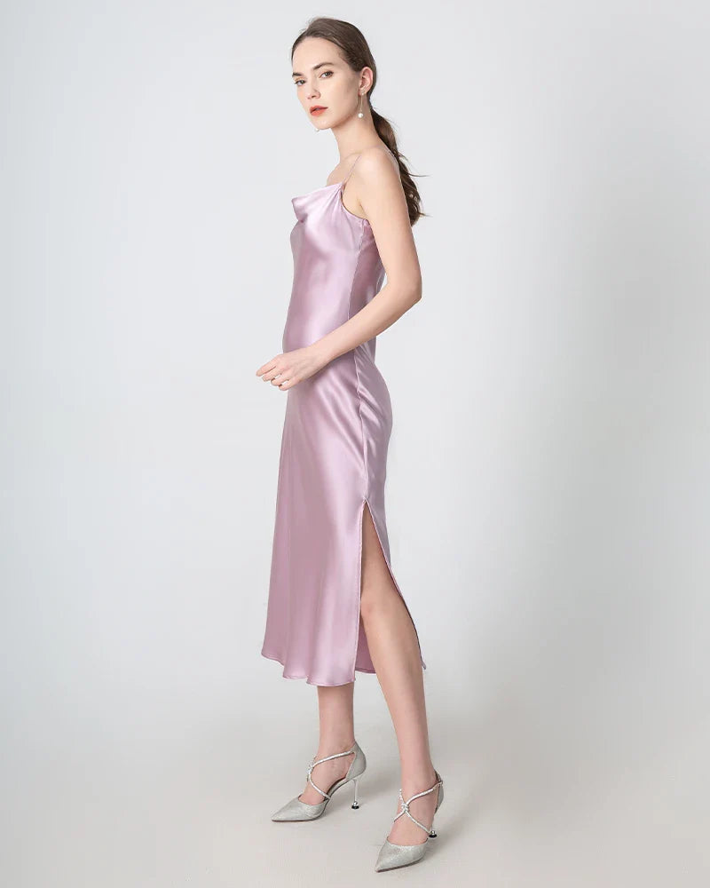 Slit Cowl Neck Midi Silk Dress Mauve