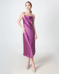 Slit Cowl Neck Midi Silk Dress Purple
