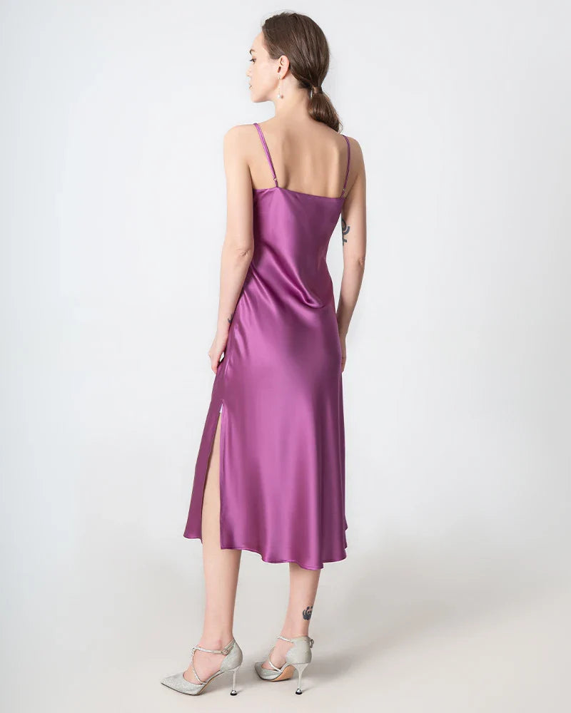 Slit Cowl Neck Midi Silk Dress Purple