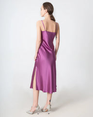 Slit Cowl Neck Midi Silk Dress Purple
