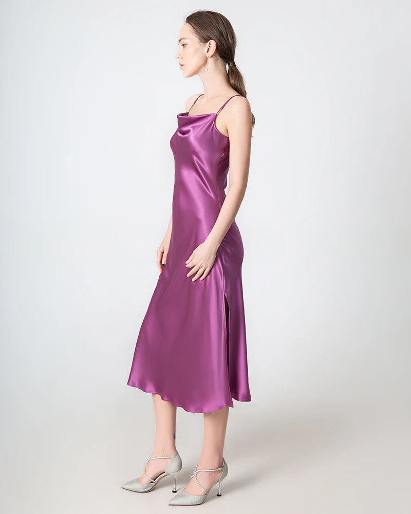Slit Cowl Neck Midi Silk Dress Purple
