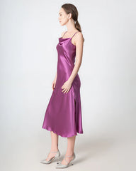 Slit Cowl Neck Midi Silk Dress Purple