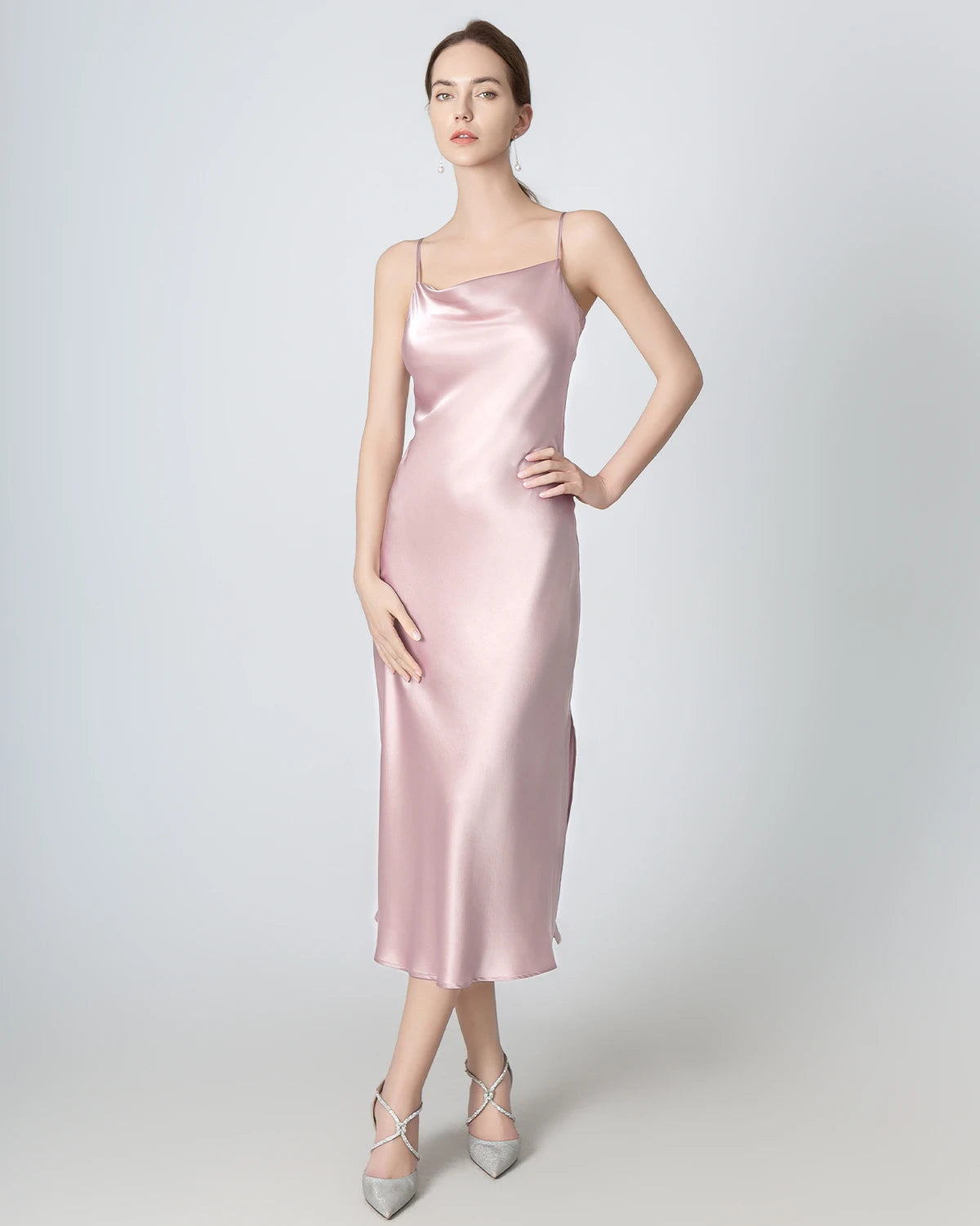 Slit Cowl Neck Midi Silk Dress Rose Pink