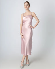 Slit Cowl Neck Midi Silk Dress Rose Pink