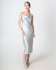 Slit Cowl Neck Midi Silk Dress Grey