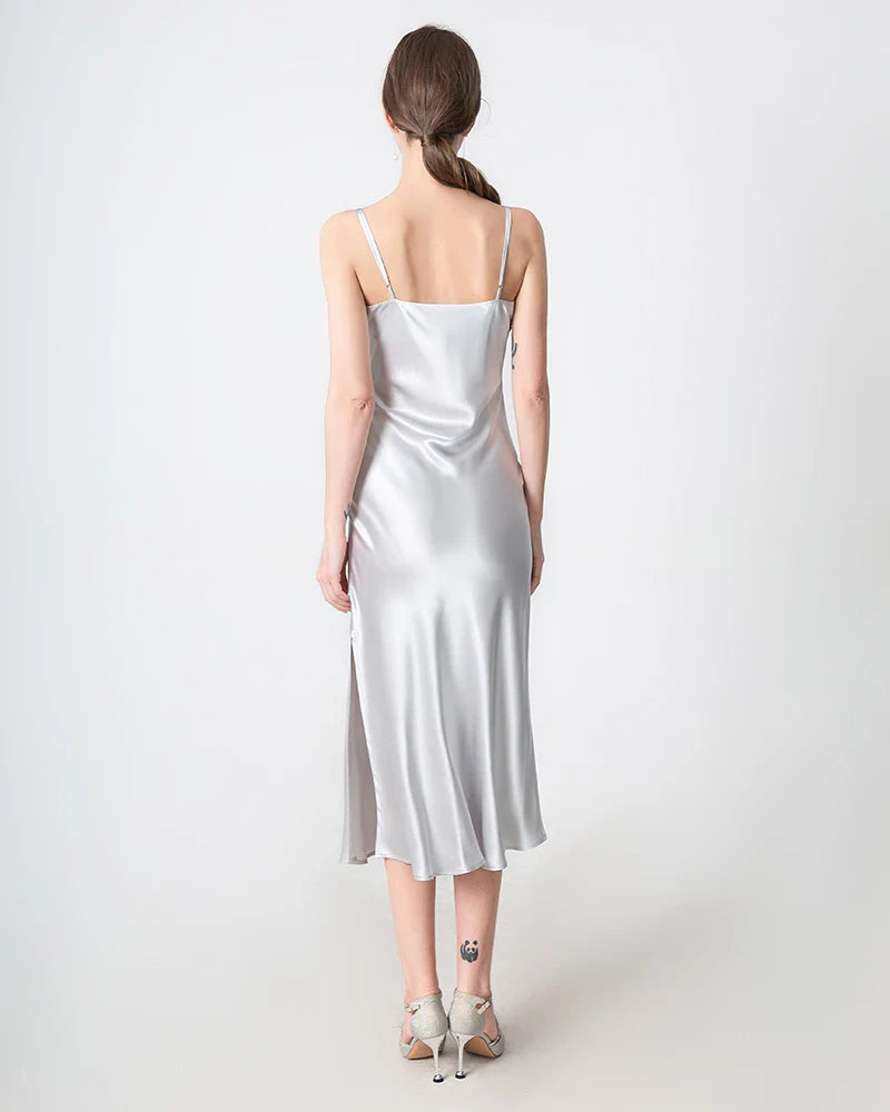 Slit Cowl Neck Midi Silk Dress Grey