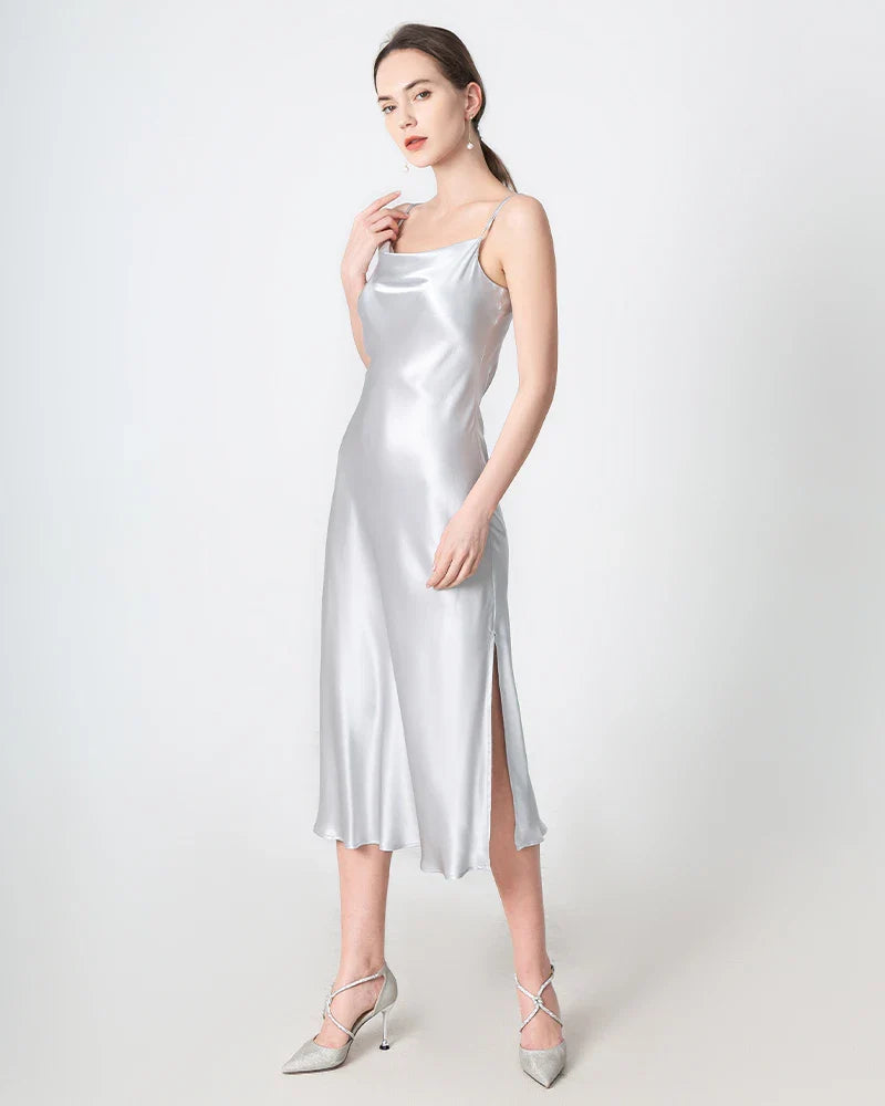 Slit Cowl Neck Midi Silk Dress Grey