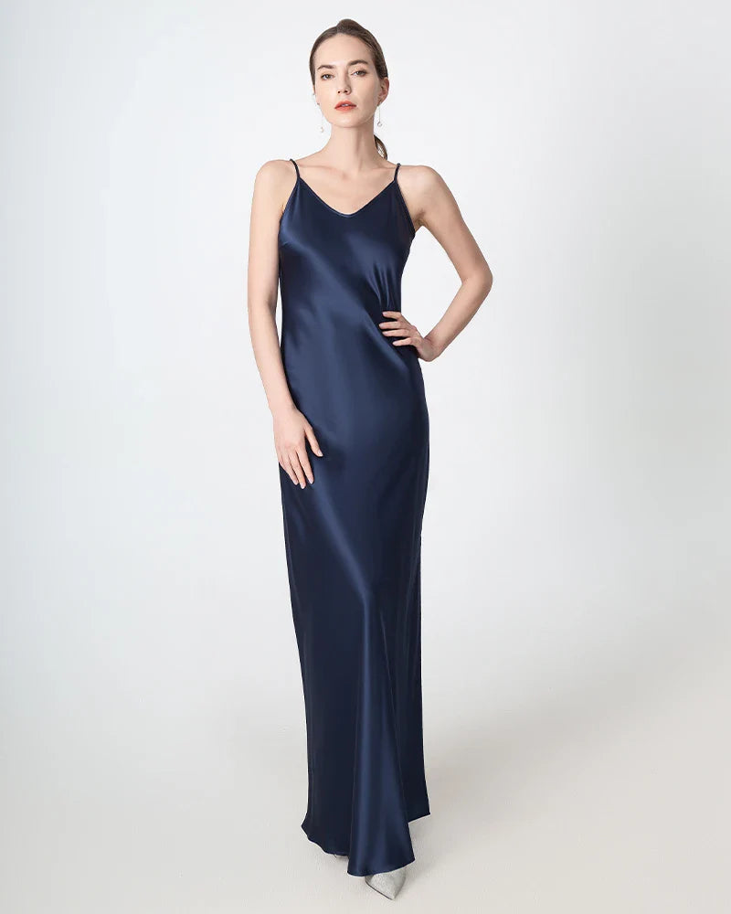Slit V-neck Maxi Silk Dress Navy