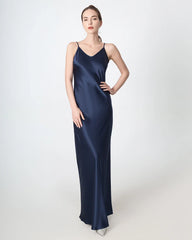 Slit V-neck Maxi Silk Dress Navy