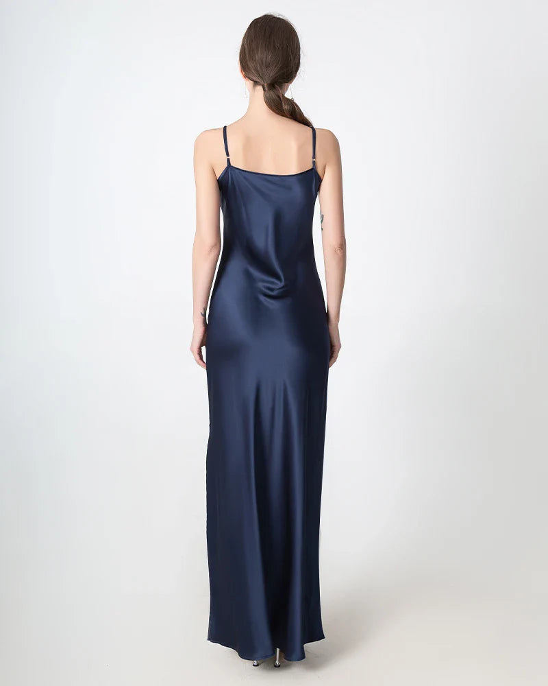 Slit V-neck Maxi Silk Dress Navy
