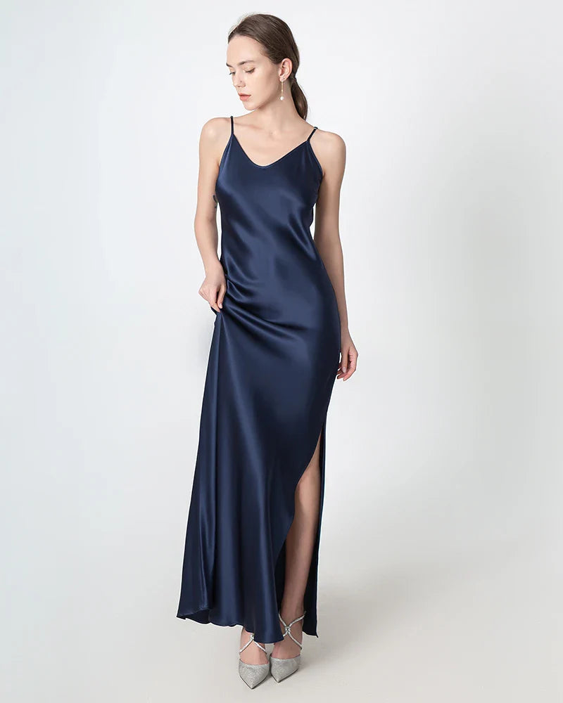 Slit V-neck Maxi Silk Dress Navy