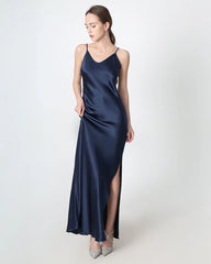 Slit V-neck Maxi Silk Dress Navy