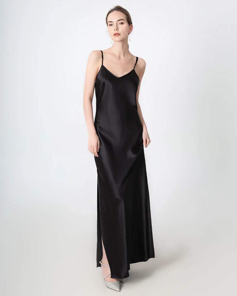 Slit V-neck Maxi Silk Dress Black