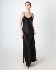 Slit V-neck Maxi Silk Dress Black