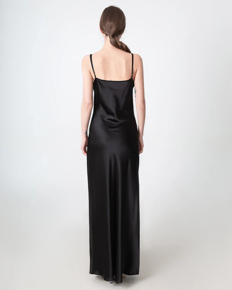 Slit V-neck Maxi Silk Dress Black