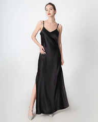 Slit V-neck Maxi Silk Dress Black