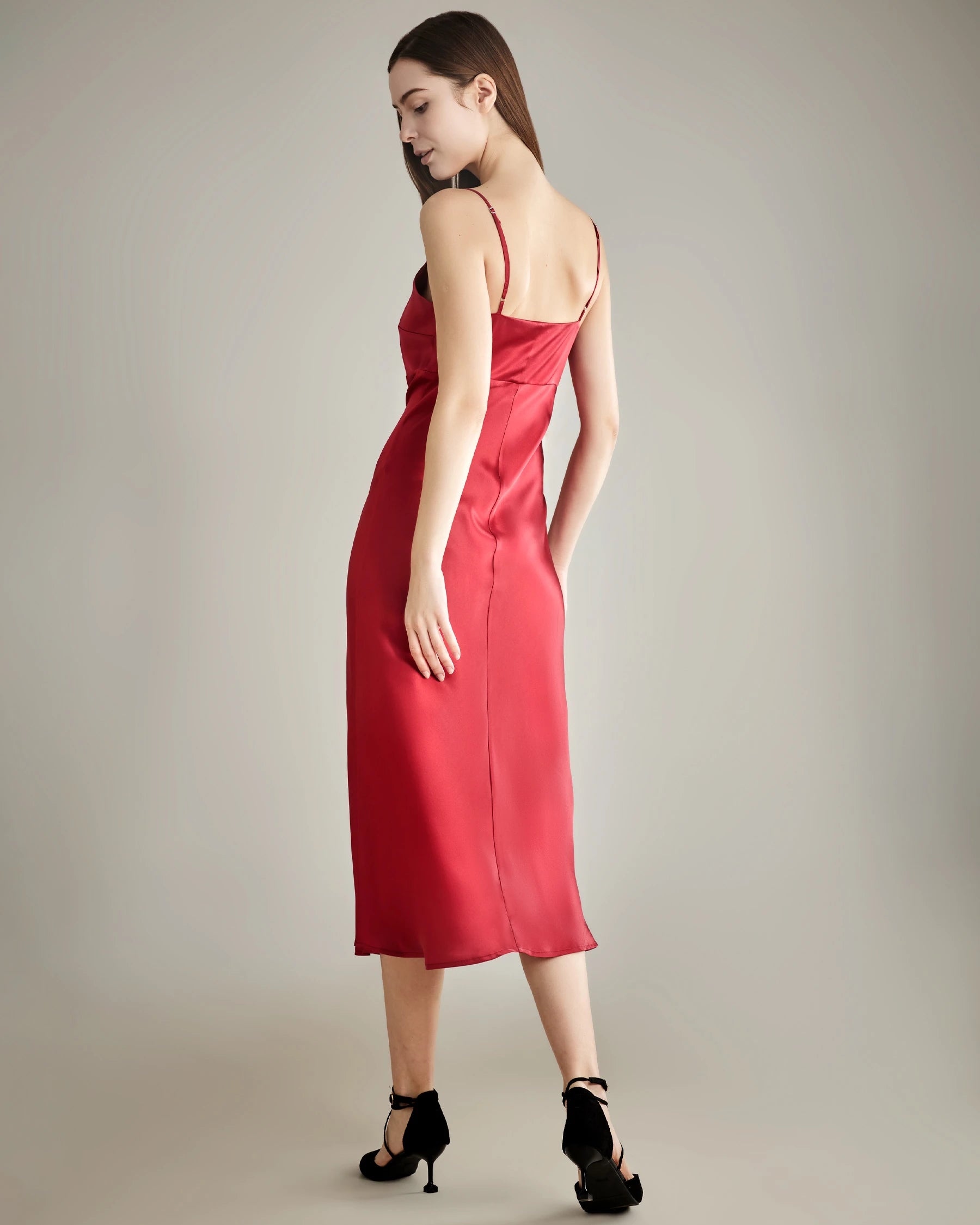 Solid Color Silk Satin Slip Long Dress Red