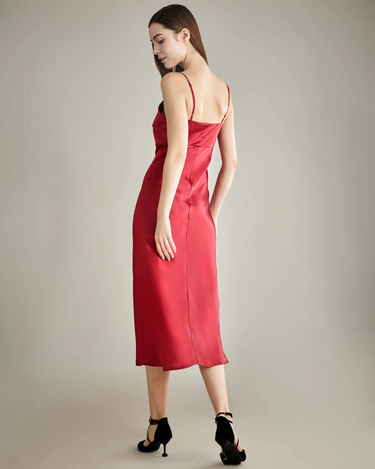 Solid Color Silk Satin Slip Long Dress Red