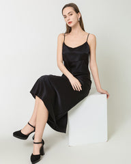 Solid Color Silk Satin Slip Long Dress Black