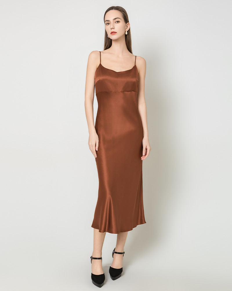 Solid Color Silk Satin Slip Long Dress Brown