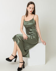 Solid Color Silk Satin Slip Long Dress Olive Green