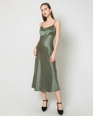 Solid Color Silk Satin Slip Long Dress Olive Green