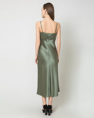 Solid Color Silk Satin Slip Long Dress Olive Green