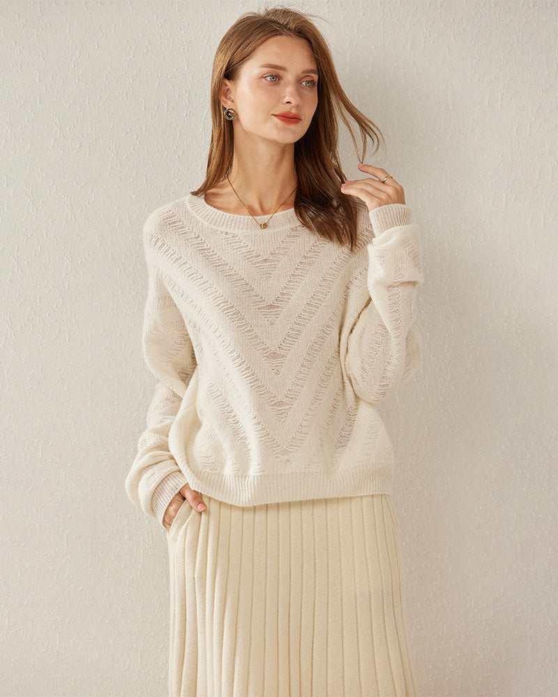 Relaxing Crew-Neck Chevron Cashmere Sweater White