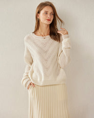 Relaxing Crew-Neck Chevron Cashmere Sweater White