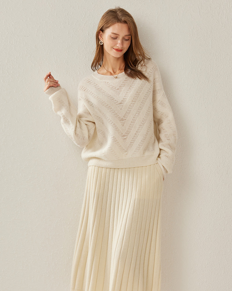 Relaxing Crew-Neck Chevron Cashmere Sweater White