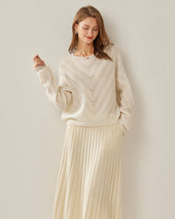 Relaxing Crew-Neck Chevron Cashmere Sweater White