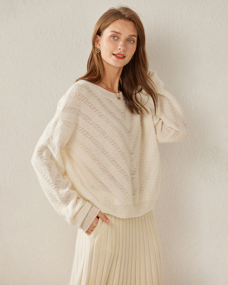 Relaxing Crew-Neck Chevron Cashmere Sweater White