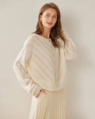 Relaxing Crew-Neck Chevron Cashmere Sweater White