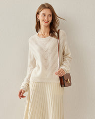 Relaxing Crew-Neck Chevron Cashmere Sweater White
